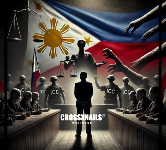 Alt text: A powerful image of a courtroom with the Philippine flag, Lady Justice, ICC officers, and a figure on trial, symbolizing justice, sovereignty, and external influence. Crossxnails® WearGood logo included.