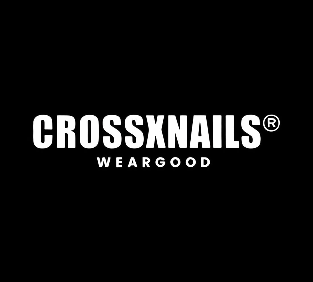 Crossxnails® WearGood logo in bold white uppercase lettering on a solid black background.