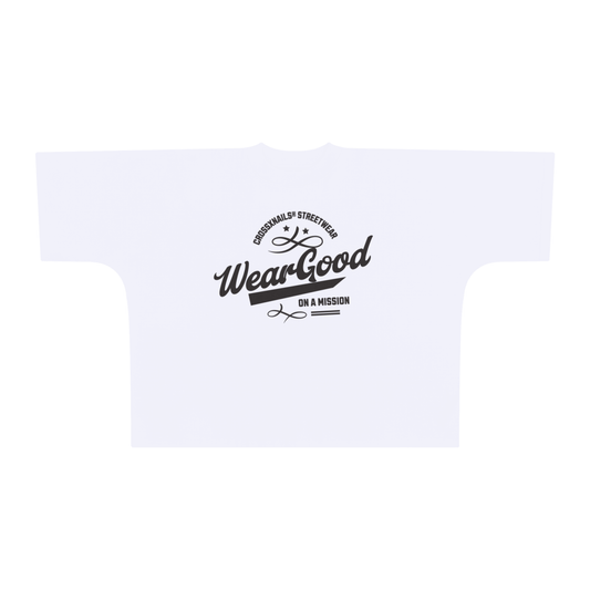Oversized streetwear tee in white by CROSSXNAILS® - heavyweight cotton, boxy fit.