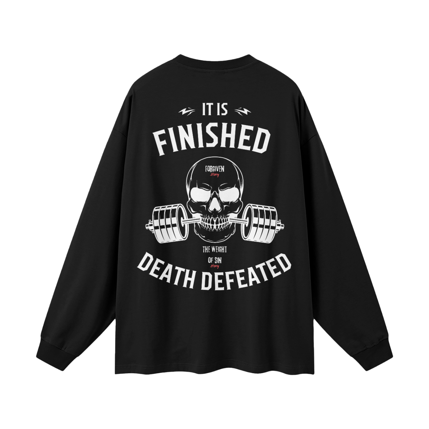 Crossxnails WearGood oversized unisex t-shirt featuring skull design with the phrase 'It Is Finished' for Christian streetwear UK.
